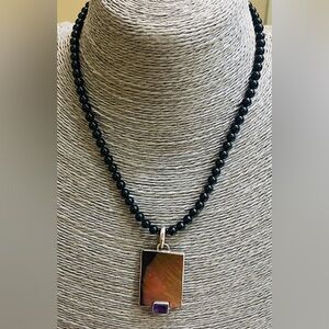 Martha Howell Amethyst and mother of pearl Big pendant in Black beaded choker